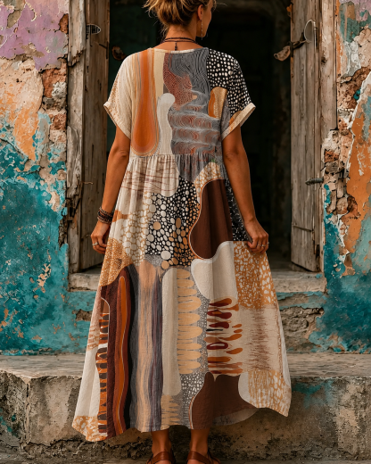 Women's Vacation Linen Boho Floral Print V-Neck Short Sleeve Maxi Dress