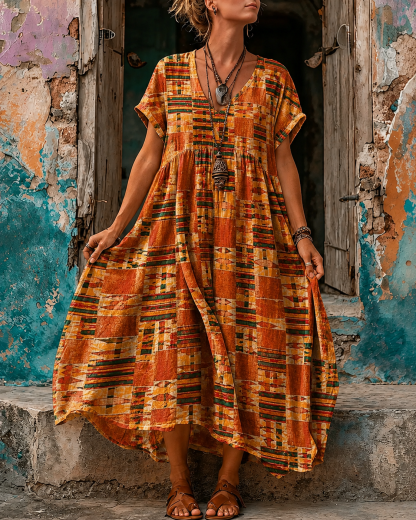 Women's Vacation Linen Boho Floral Print V-Neck Short Sleeve Maxi Dress