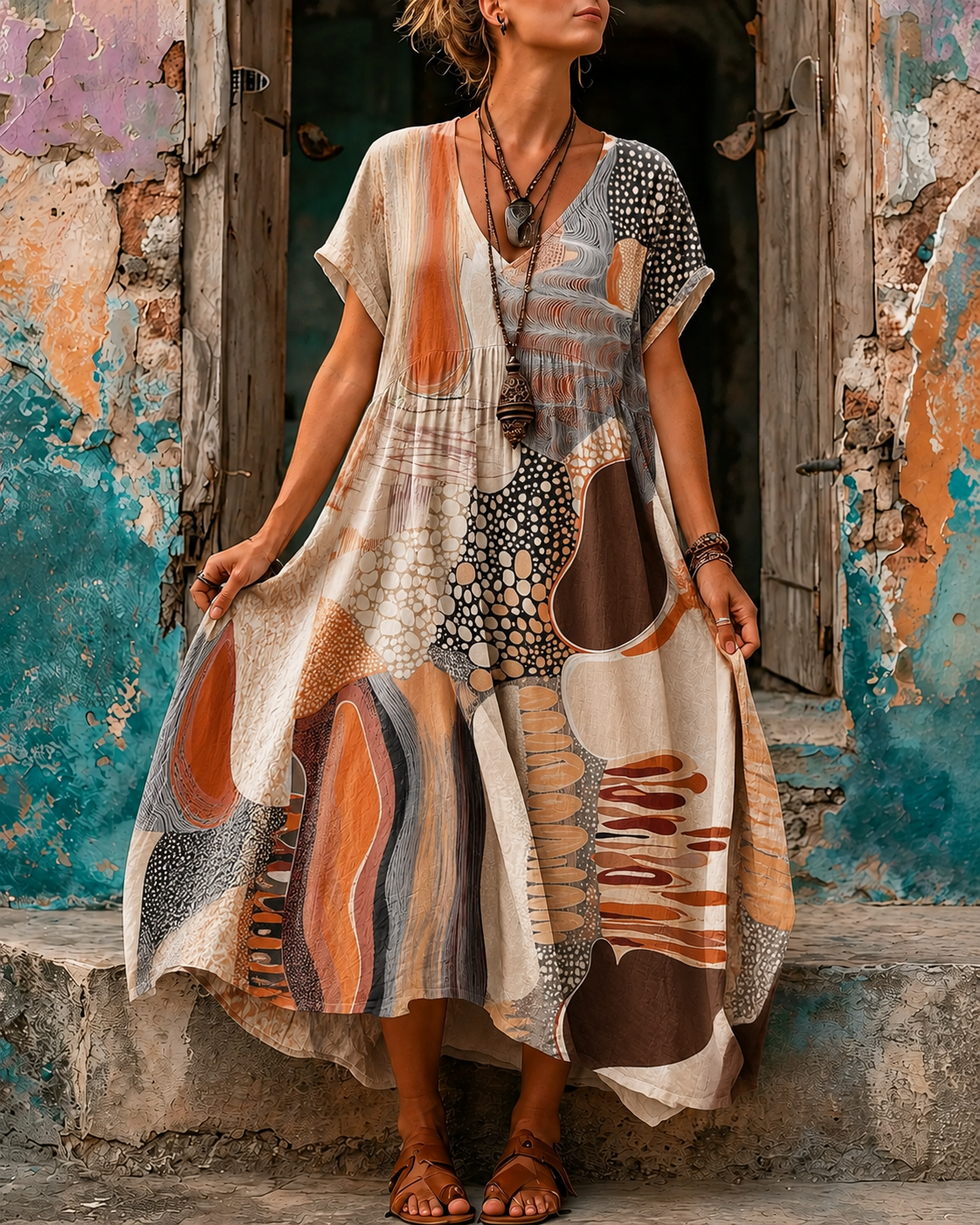 Women's Vacation Linen Boho Floral Print V-Neck Short Sleeve Maxi Dress