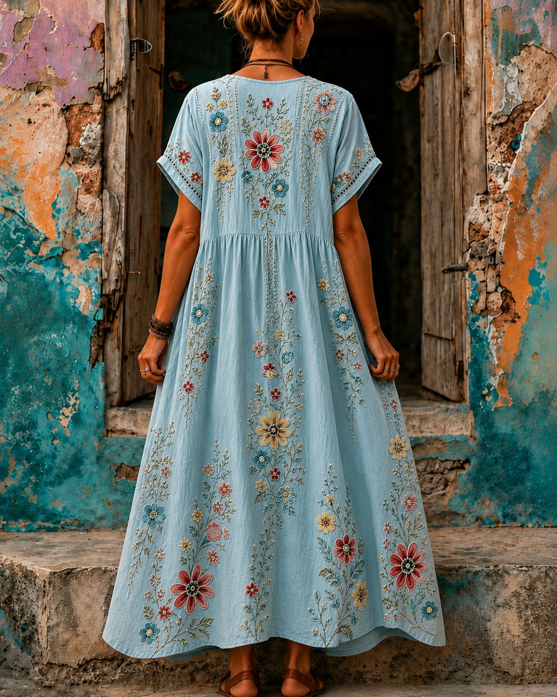 Women's Vacation Linen Boho Floral Print V-Neck Short Sleeve Maxi Dress