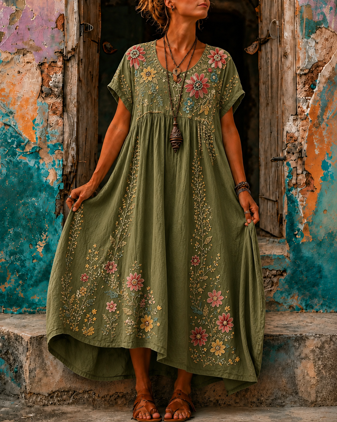 Women's Vacation Linen Boho Floral Print V-Neck Short Sleeve Maxi Dress