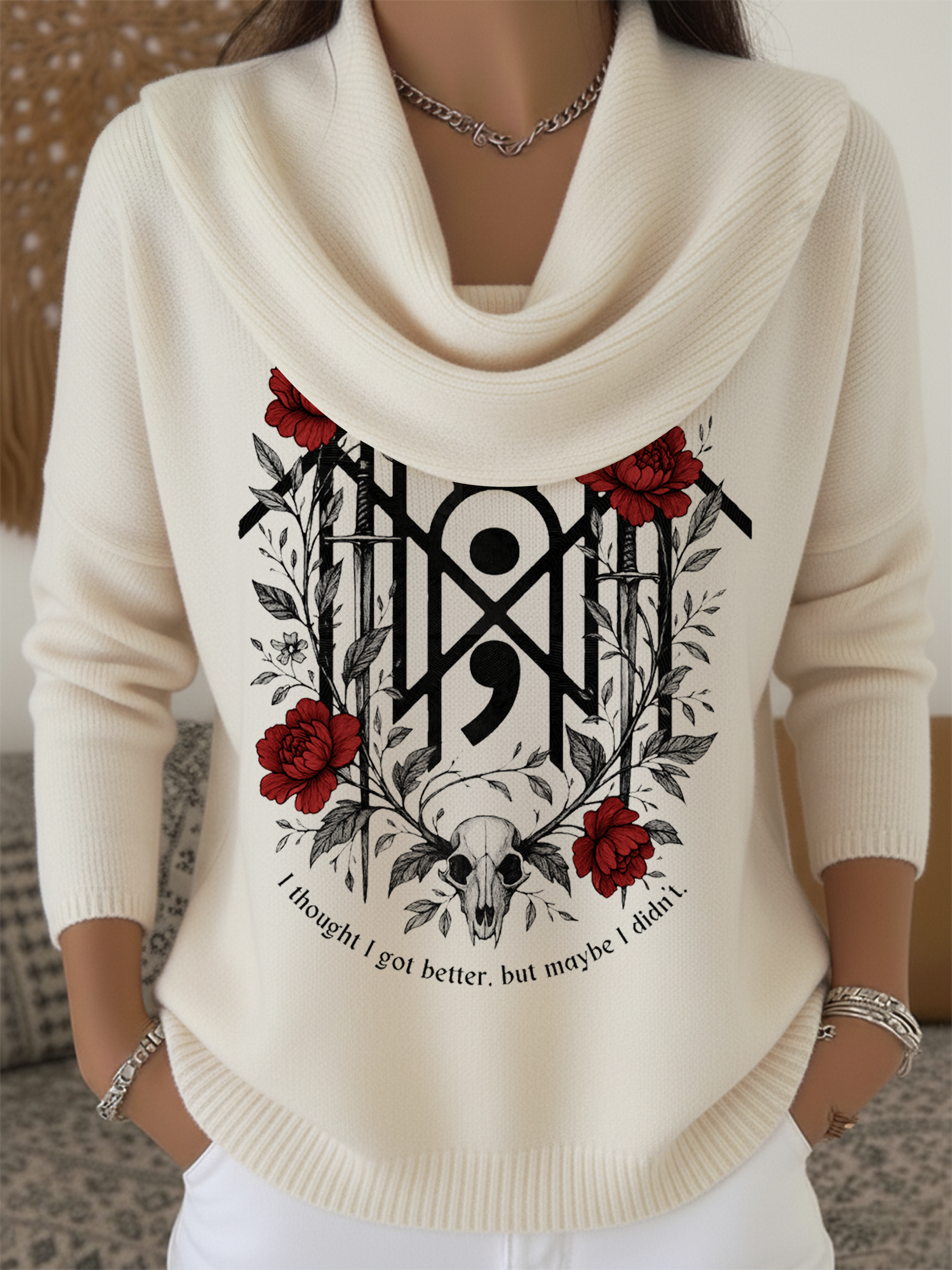 Woman's Christmas Skull Rose Print Casual Knitted Sweater