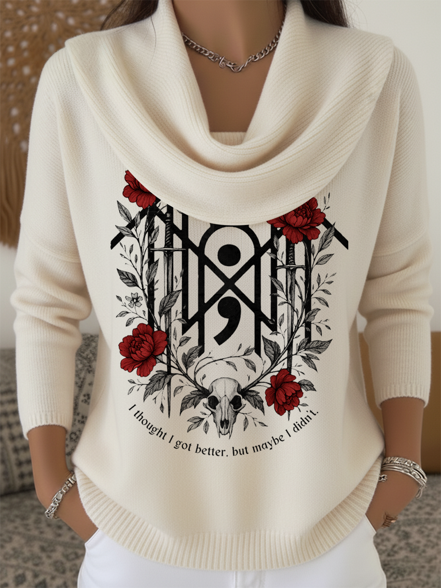 Woman's Christmas Skull Rose Print Casual Knitted Sweater