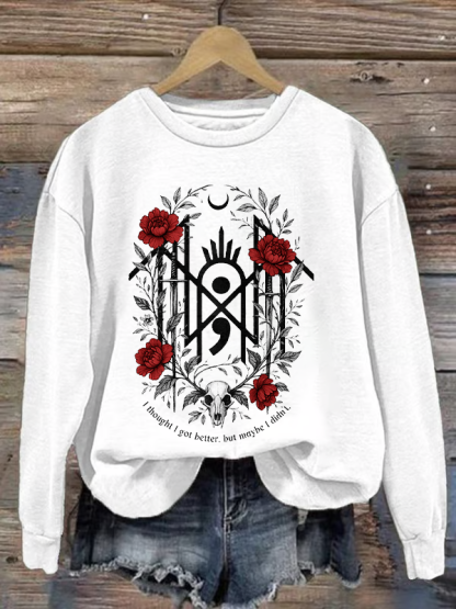 Woman's Christmas Skull Rose Print Casual Sweatshirt