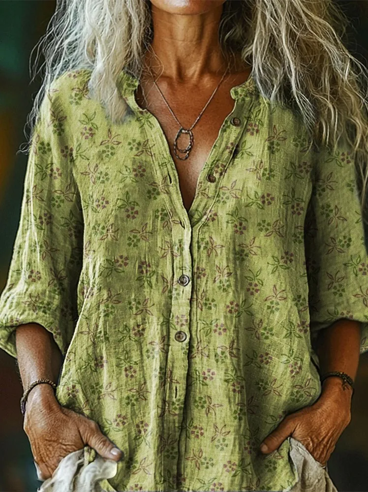 [Copy]Women's Vintage Ethnic Floral Pattern Art Print Casual V-neck Washed Cotton Denim Top