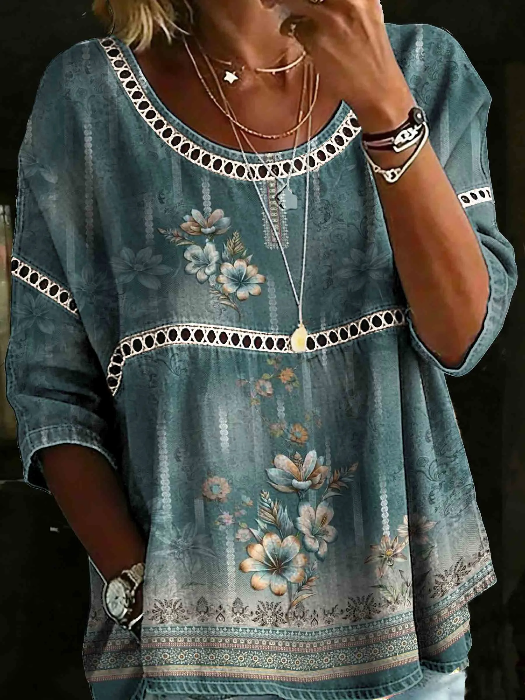 Retro Geometric Floral Art Print Casual Hollow Shirt