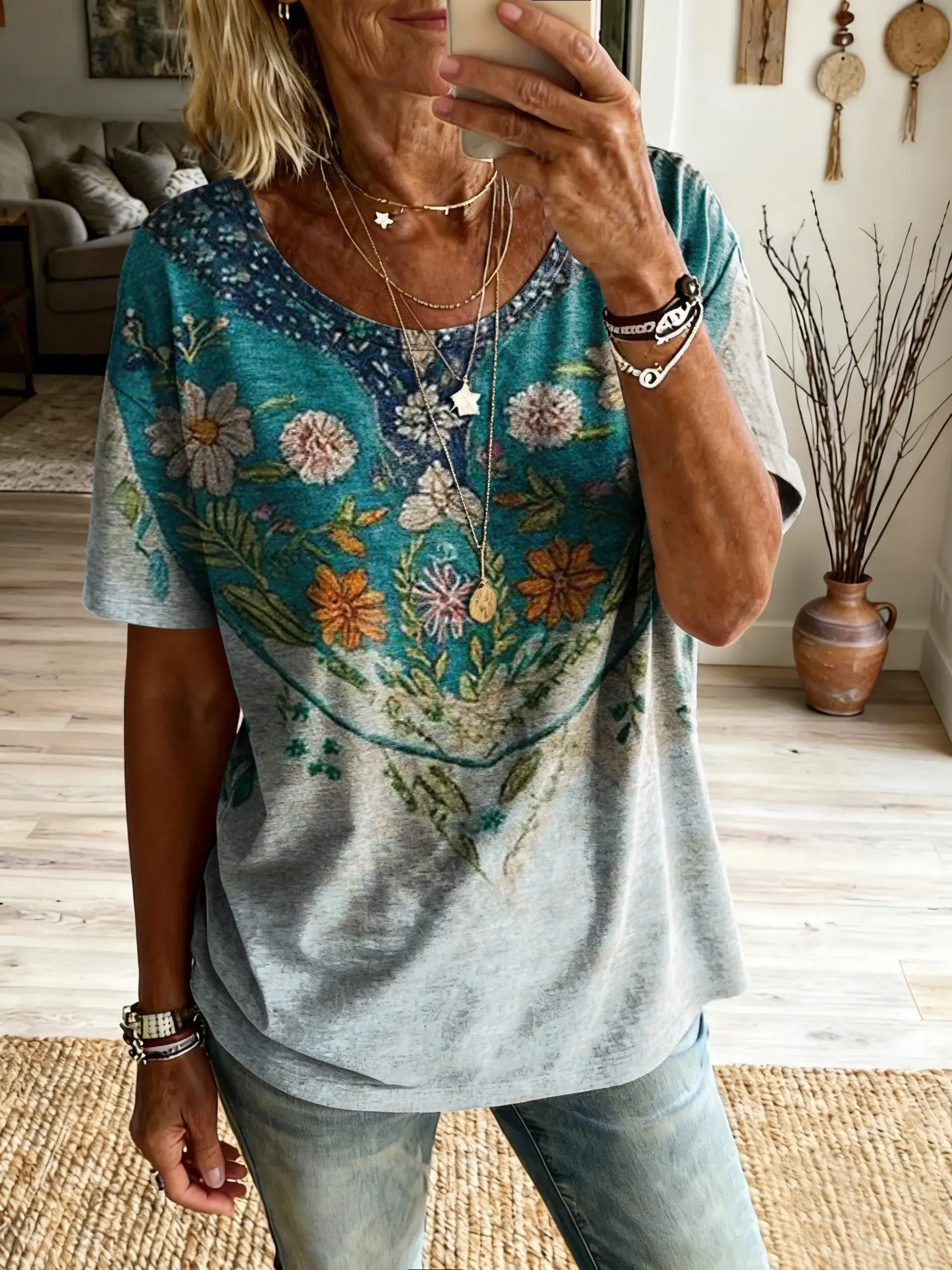 Women's Bohemian Ethnic Floral Art Print Pure Cotton Crew Neck Short-Sleeve Casual T-Shirt