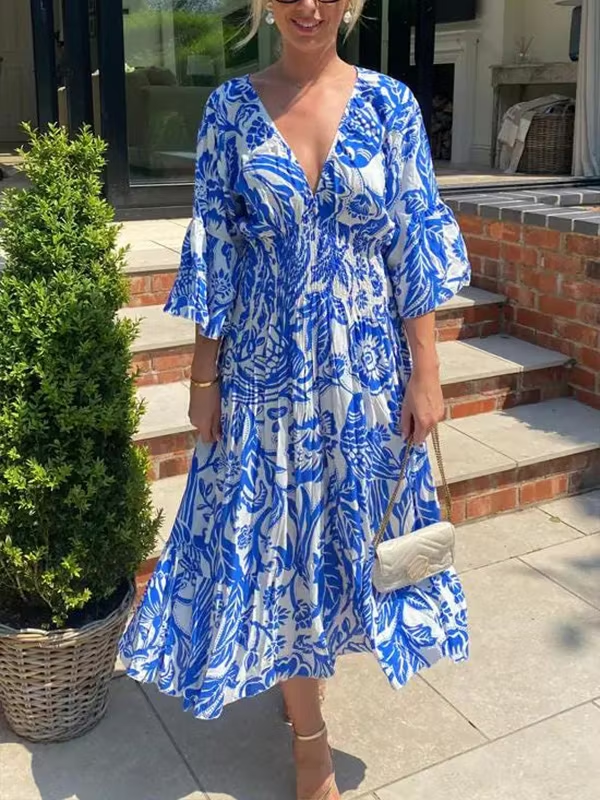 V Neck Elastic Waist Printed Maxi Dress