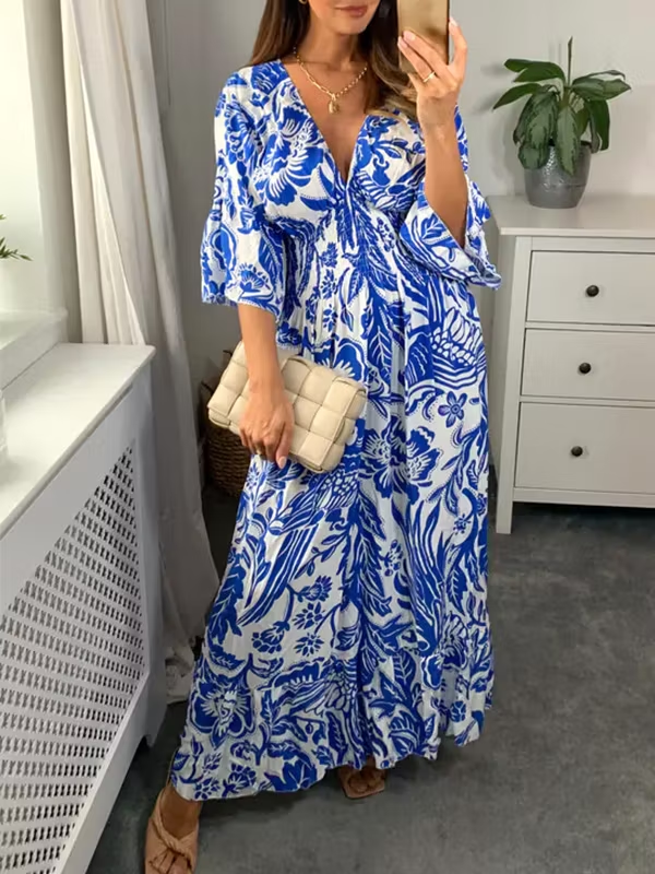 V Neck Elastic Waist Printed Maxi Dress