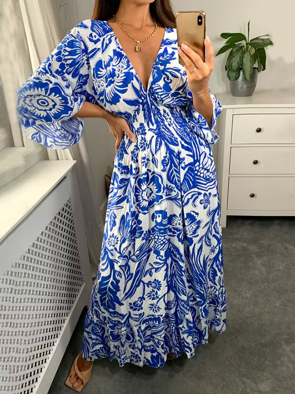 V Neck Elastic Waist Printed Maxi Dress