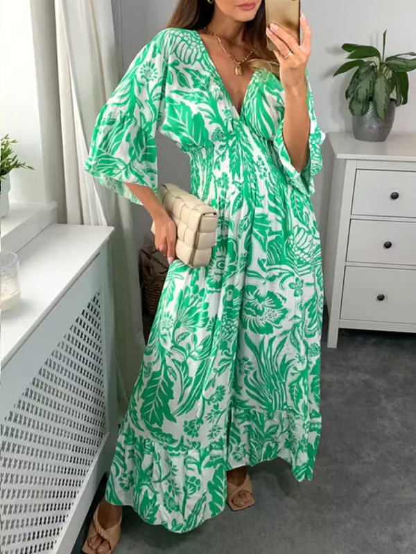 V Neck Elastic Waist Printed Maxi Dress