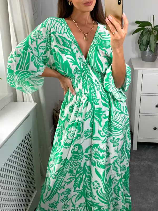V Neck Elastic Waist Printed Maxi Dress