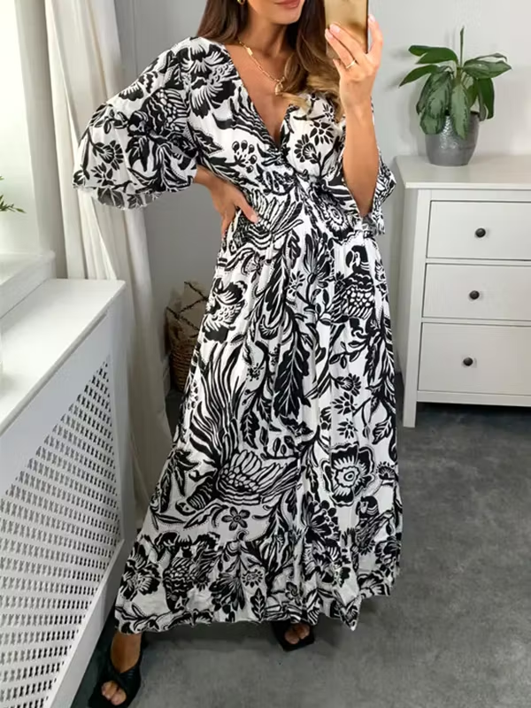 V Neck Elastic Waist Printed Maxi Dress