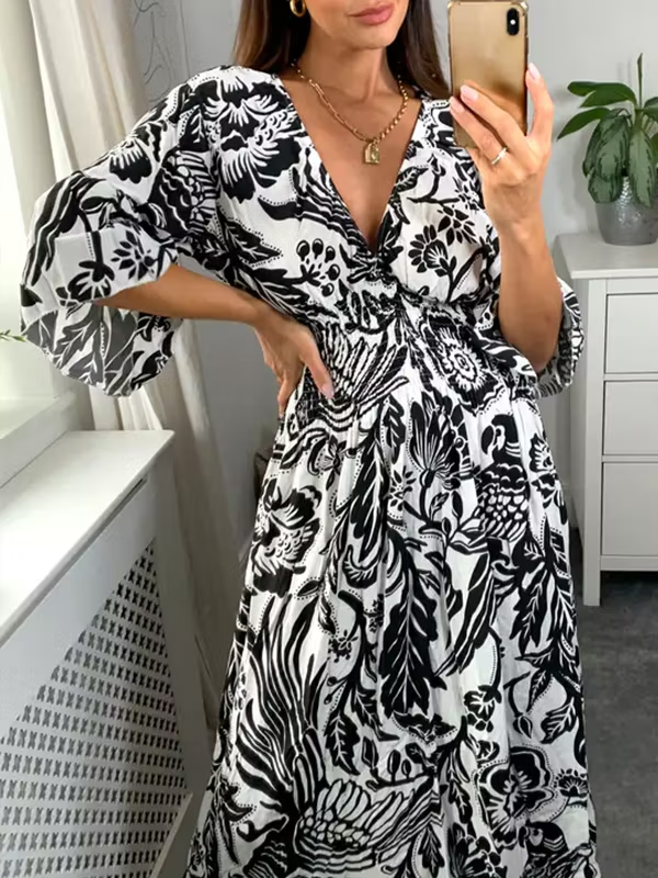 V Neck Elastic Waist Printed Maxi Dress