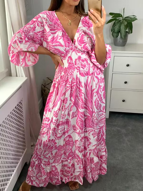 V Neck Elastic Waist Printed Maxi Dress