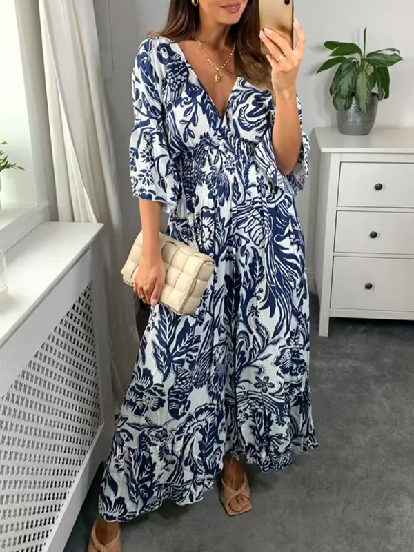 V Neck Elastic Waist Printed Maxi Dress