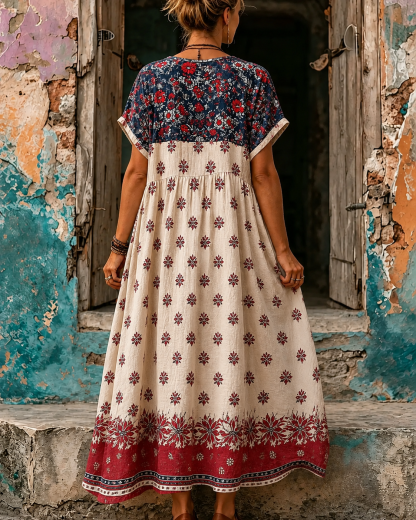 Women's Vacation Linen Boho Floral Print V-Neck Short Sleeve Maxi Dress
