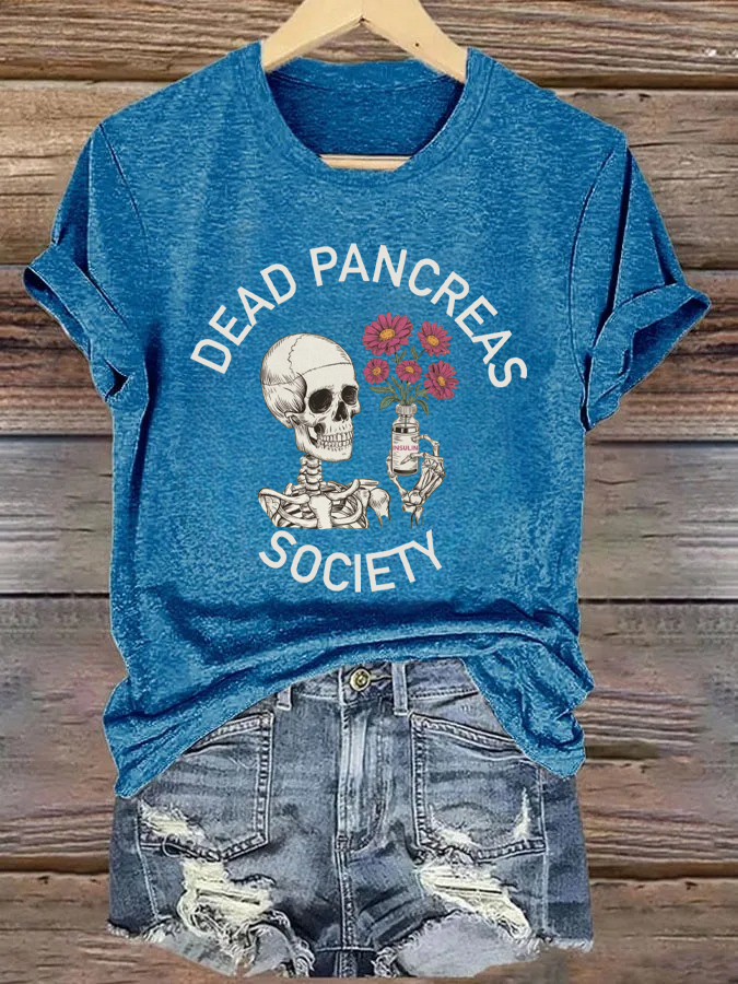Retro Diabetes Awareness Dead Pancreas Society Print Skeleton & Insulin Vial Floral T-Shirt