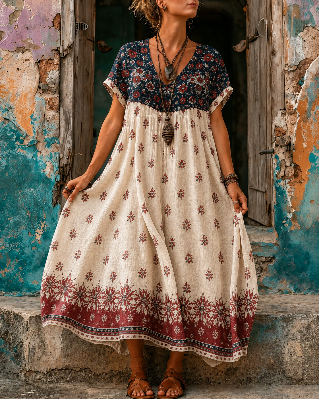 Women's Vacation Linen Boho Floral Print V-Neck Short Sleeve Maxi Dress