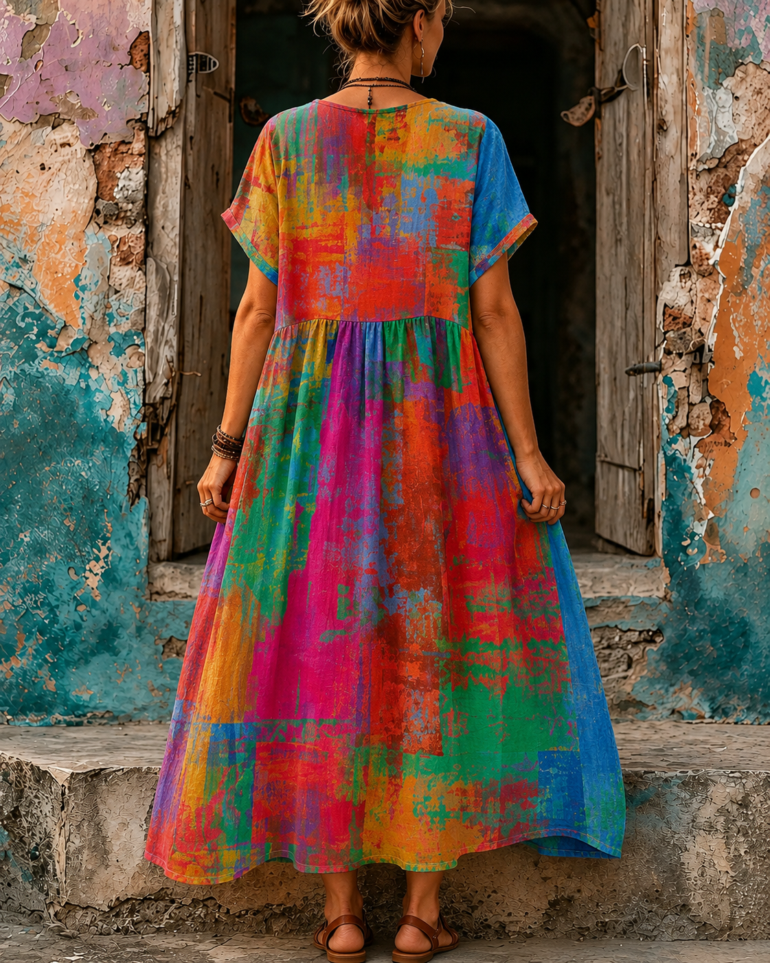 Women's Vacation Linen Boho Floral Print V-Neck Short Sleeve Maxi Dress