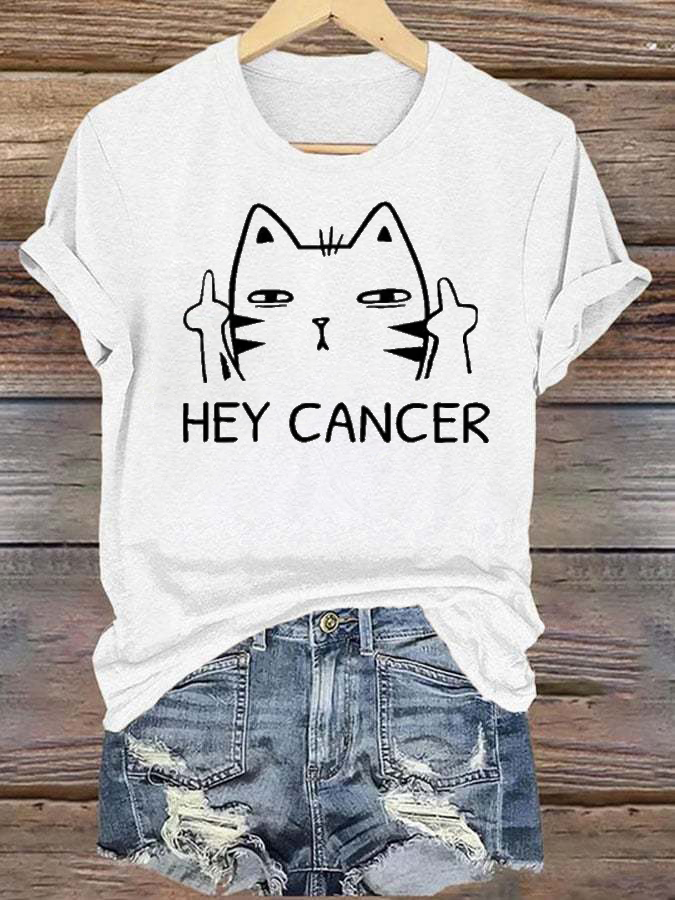 Women'S Casual Hey Cancer Fuck You Based Print T Shirt