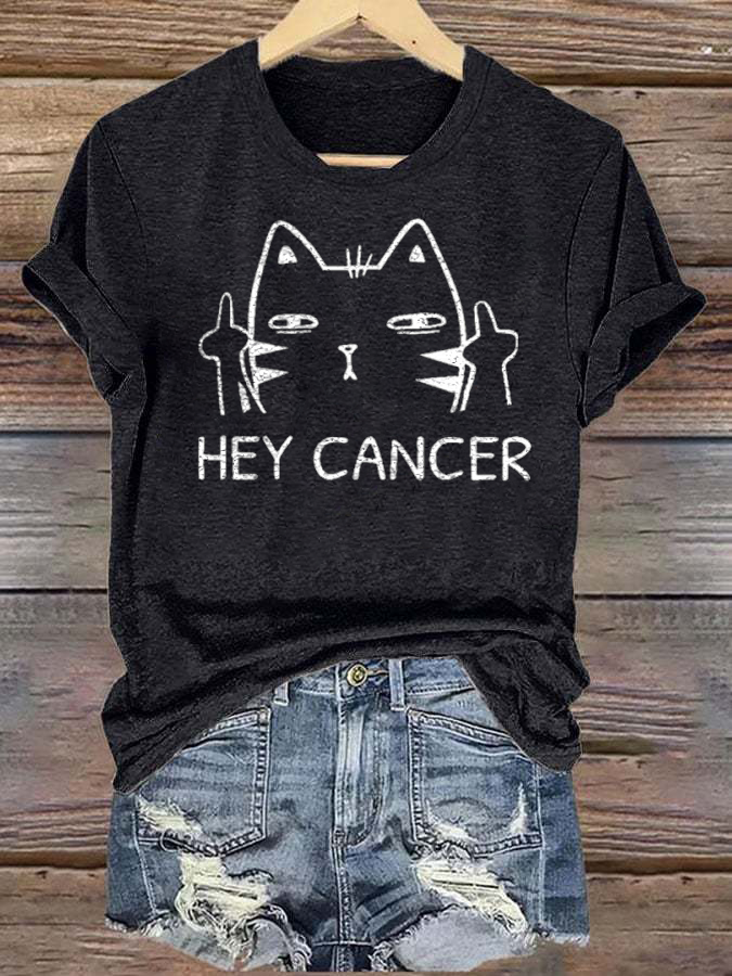 Women'S Casual Hey Cancer Fuck You Based Print T Shirt