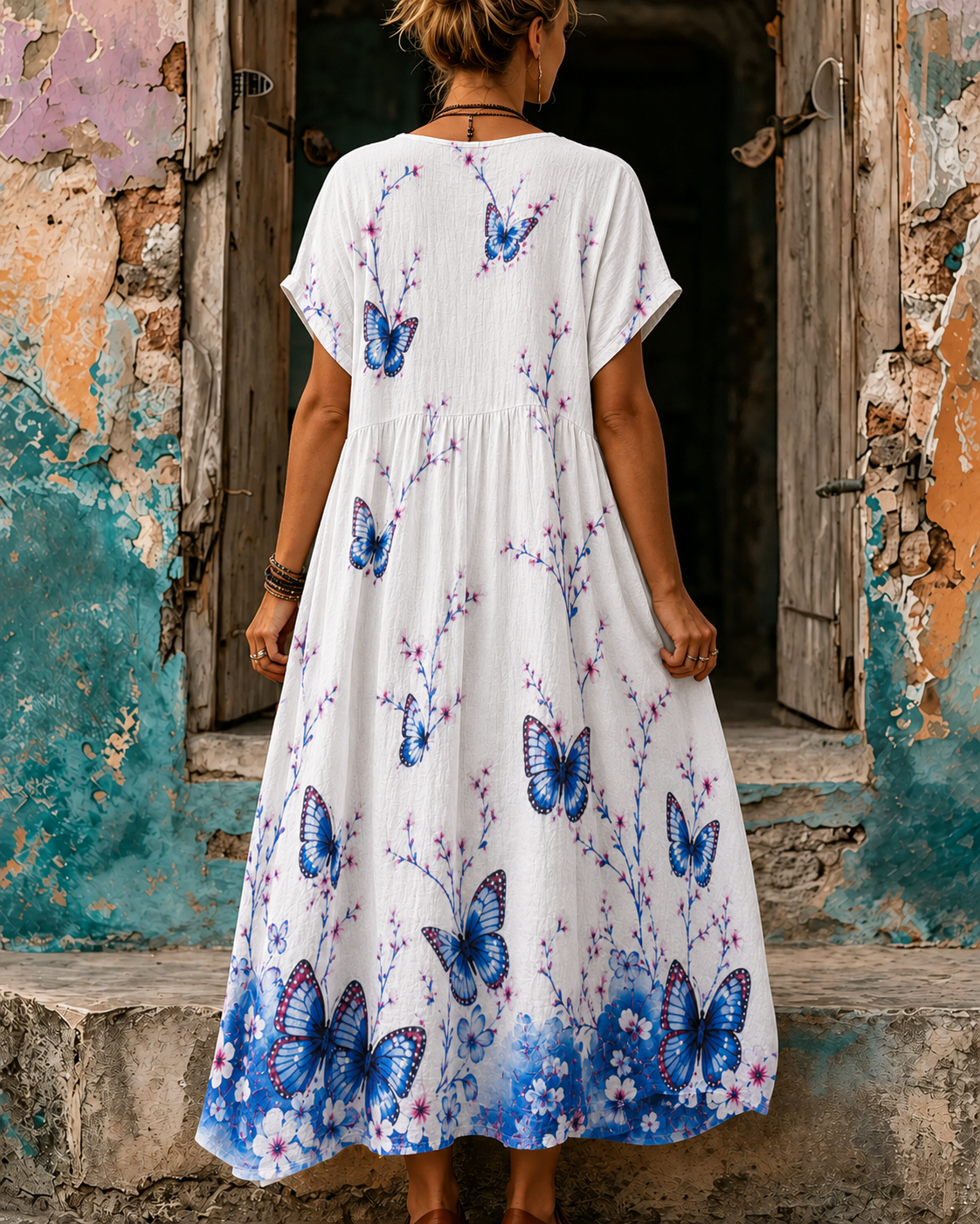 Women's Vacation Linen Boho Floral Print V-Neck Short Sleeve Maxi Dress
