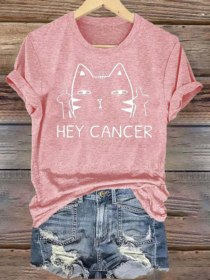 Women'S Casual Hey Cancer Fuck You Based Print T Shirt