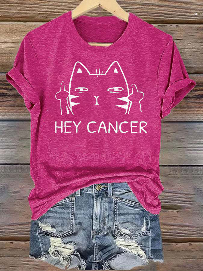 Women'S Casual Hey Cancer Fuck You Based Print T Shirt
