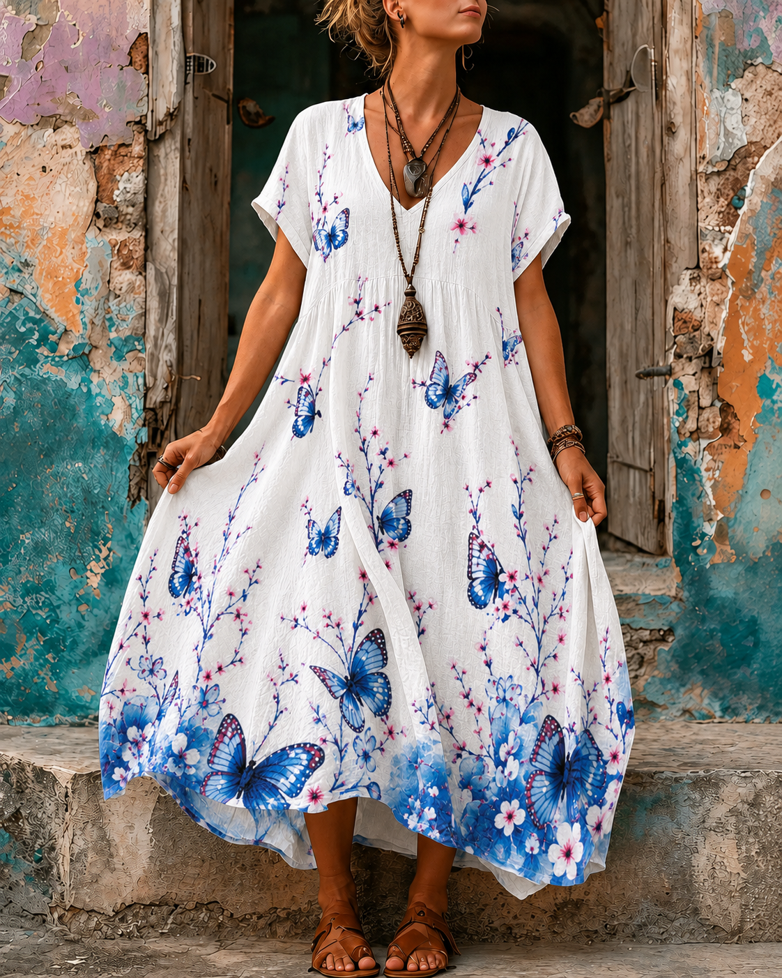 Women's Vacation Linen Boho Floral Print V-Neck Short Sleeve Maxi Dress