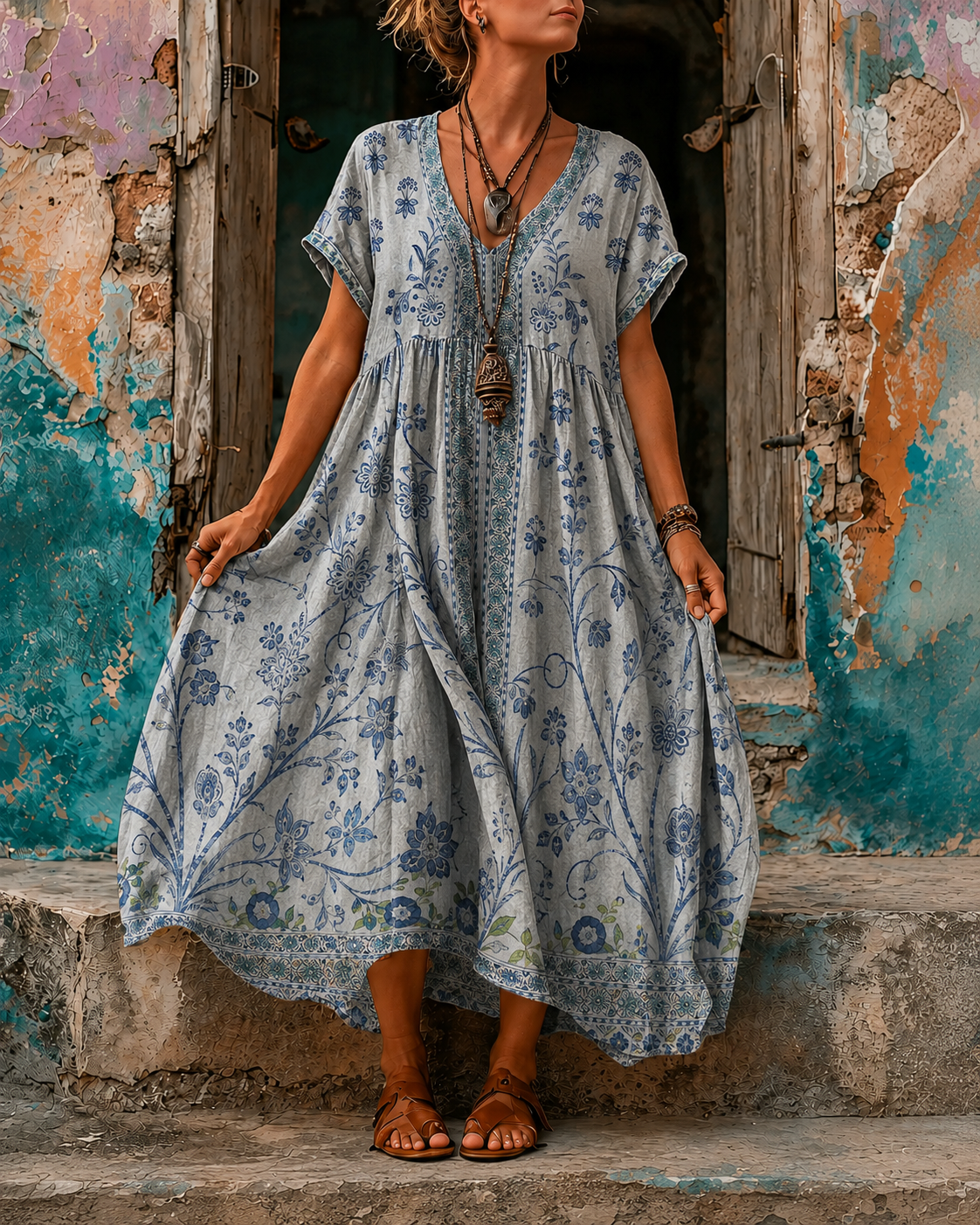 Women's Vacation Linen Boho Floral Print V-Neck Short Sleeve Maxi Dress