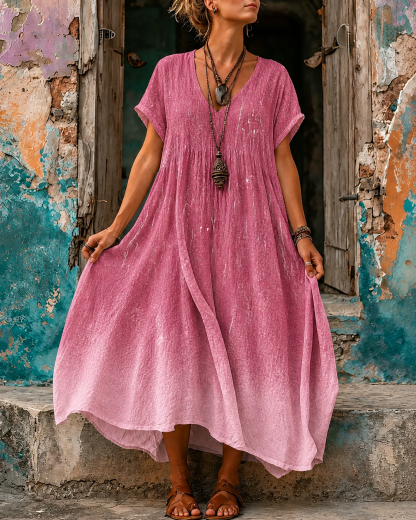 Women's Vacation Linen Boho Floral Print V-Neck Short Sleeve Maxi Dress