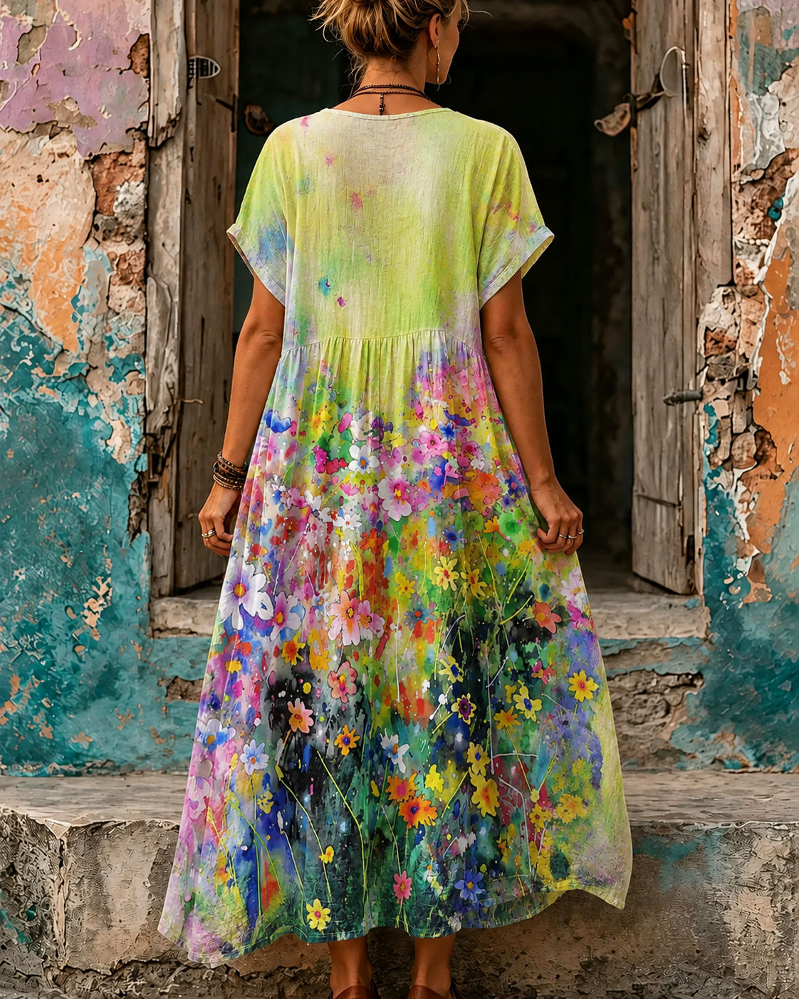 Women's Vacation Linen Boho Floral Print V-Neck Short Sleeve Maxi Dress