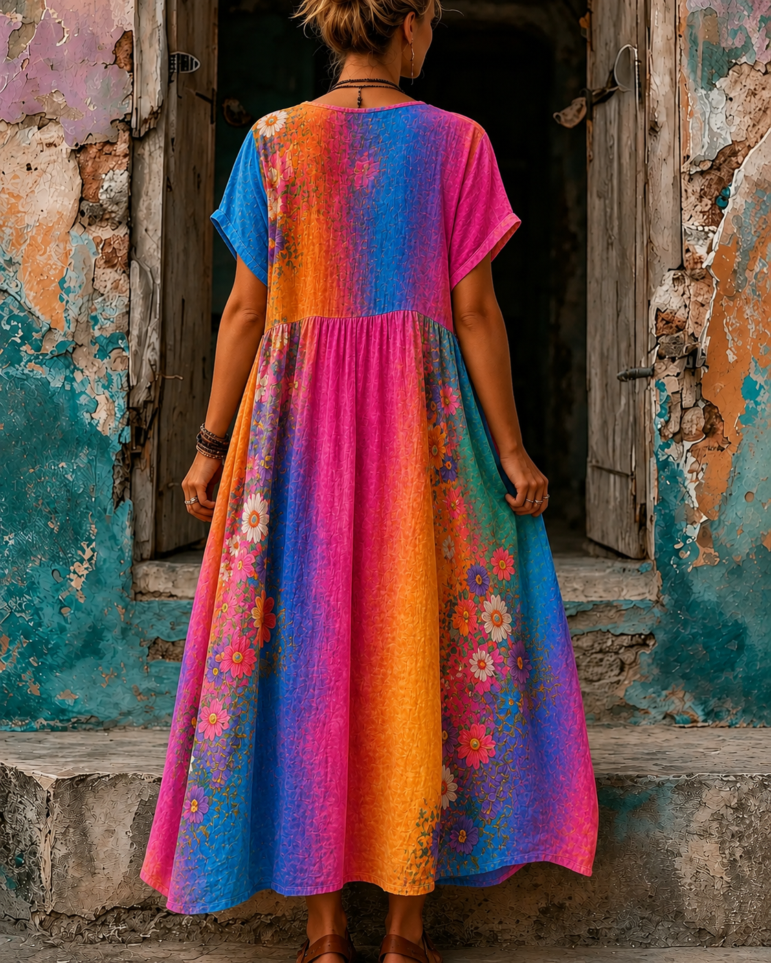 Women's Vacation Linen Boho Floral Print V-Neck Short Sleeve Maxi Dress