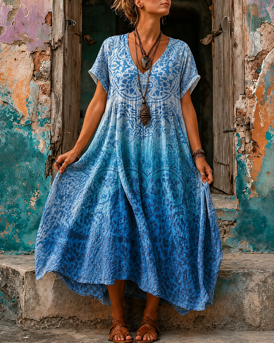 Women's Vacation Linen Boho Floral Print V-Neck Short Sleeve Maxi Dress