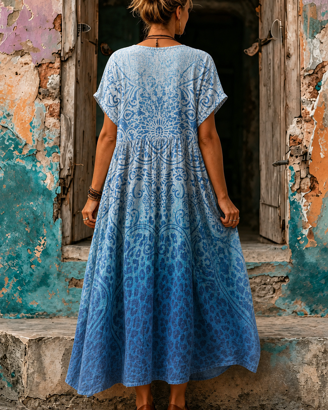Women's Vacation Linen Boho Floral Print V-Neck Short Sleeve Maxi Dress