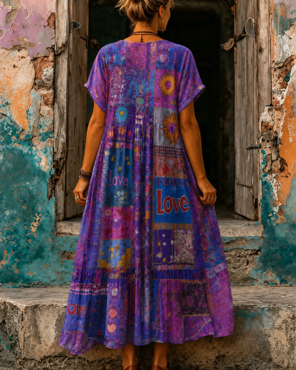 Women's Vacation Linen Boho Floral Print V-Neck Short Sleeve Maxi Dress