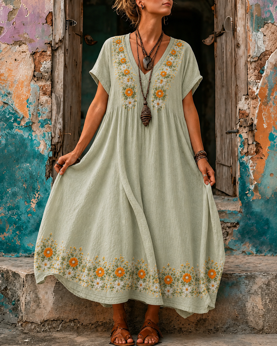 Women's Vacation Linen Boho Floral Print V-Neck Short Sleeve Maxi Dress