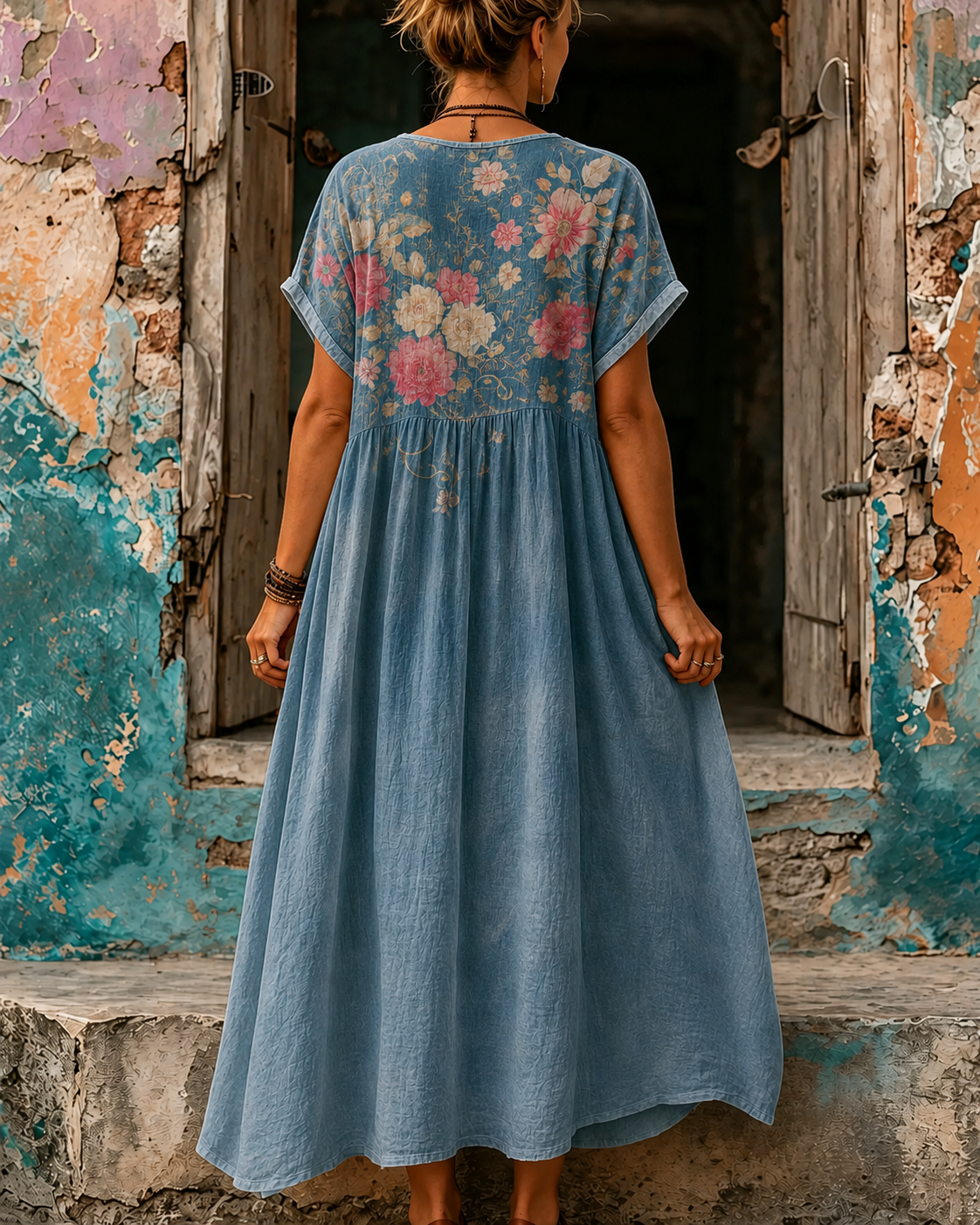 Women's Vacation Linen Boho Floral Print V-Neck Short Sleeve Maxi Dress