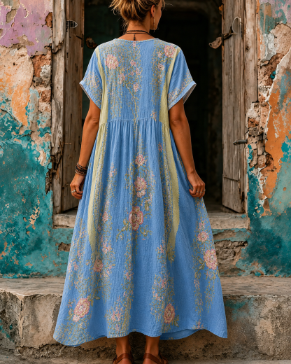 Women's Vacation Linen Boho Floral Print V-Neck Short Sleeve Maxi Dress