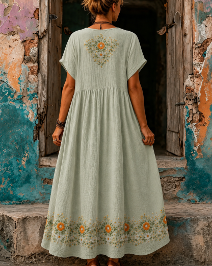 Women's Vacation Linen Boho Floral Print V-Neck Short Sleeve Maxi Dress