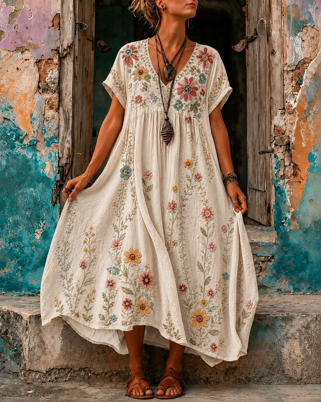 Women's Vacation Linen Boho Floral Print V-Neck Short Sleeve Maxi Dress