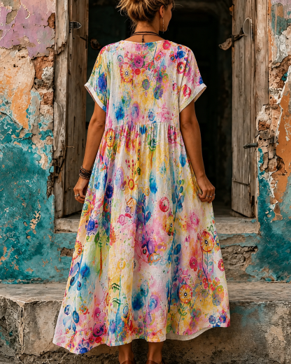 Women's Vacation Linen Boho Floral Print V-Neck Short Sleeve Maxi Dress