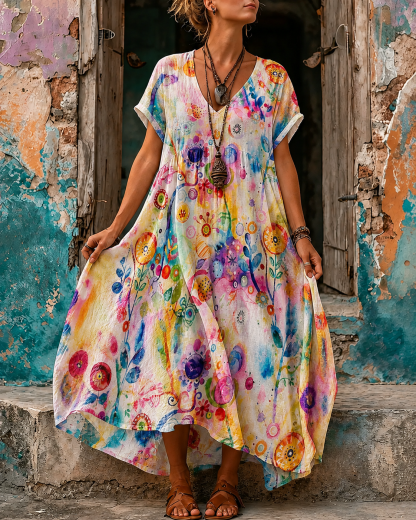 Women's Vacation Linen Boho Floral Print V-Neck Short Sleeve Maxi Dress