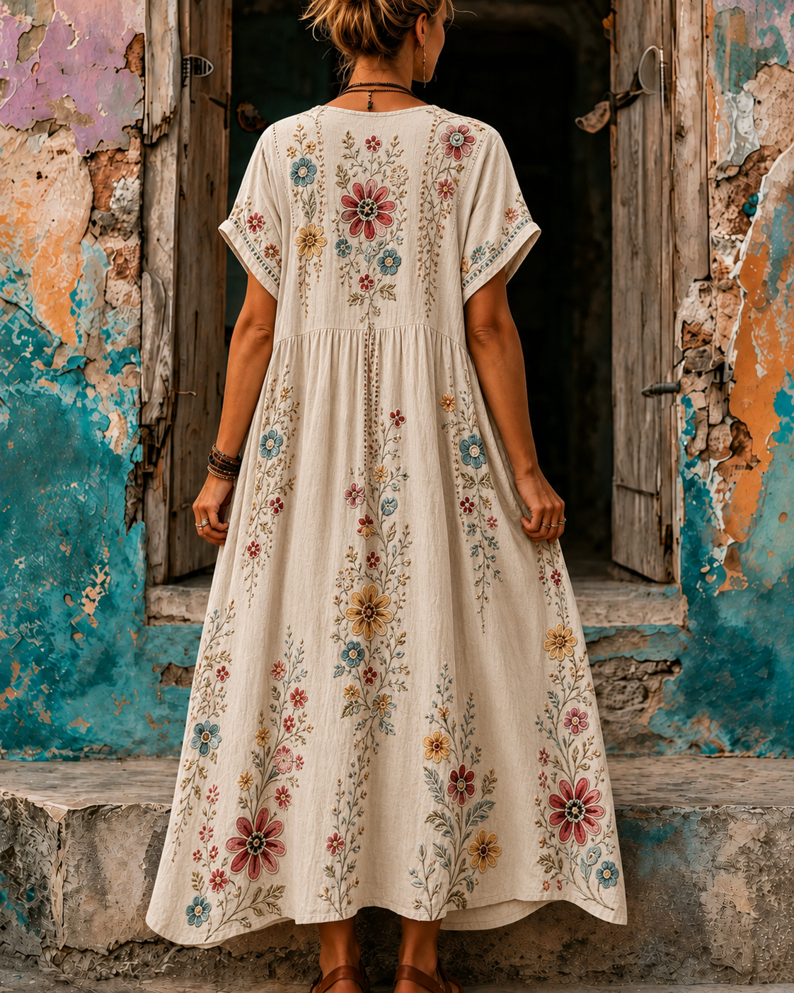 Women's Vacation Linen Boho Floral Print V-Neck Short Sleeve Maxi Dress