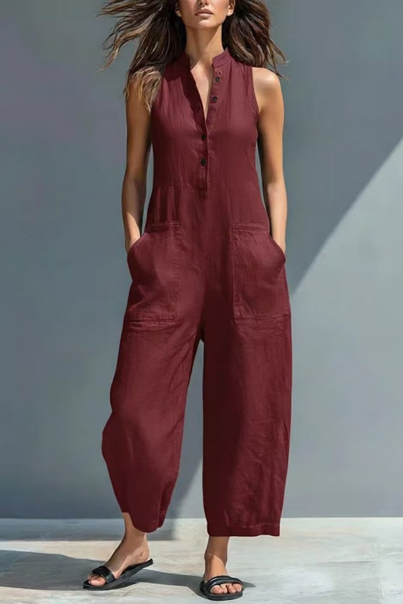 Women's Minimalist Linen Blend Button-up Stand-collar Sleeveless Loose Jumpsuit