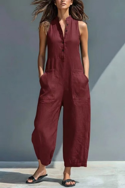 Women's Minimalist Linen Blend Button-up Stand-collar Sleeveless Loose Jumpsuit