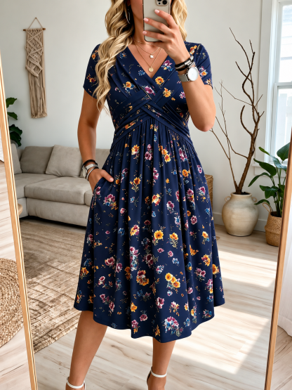 Women's V-Neck Floral Print Dress with Twist Waist