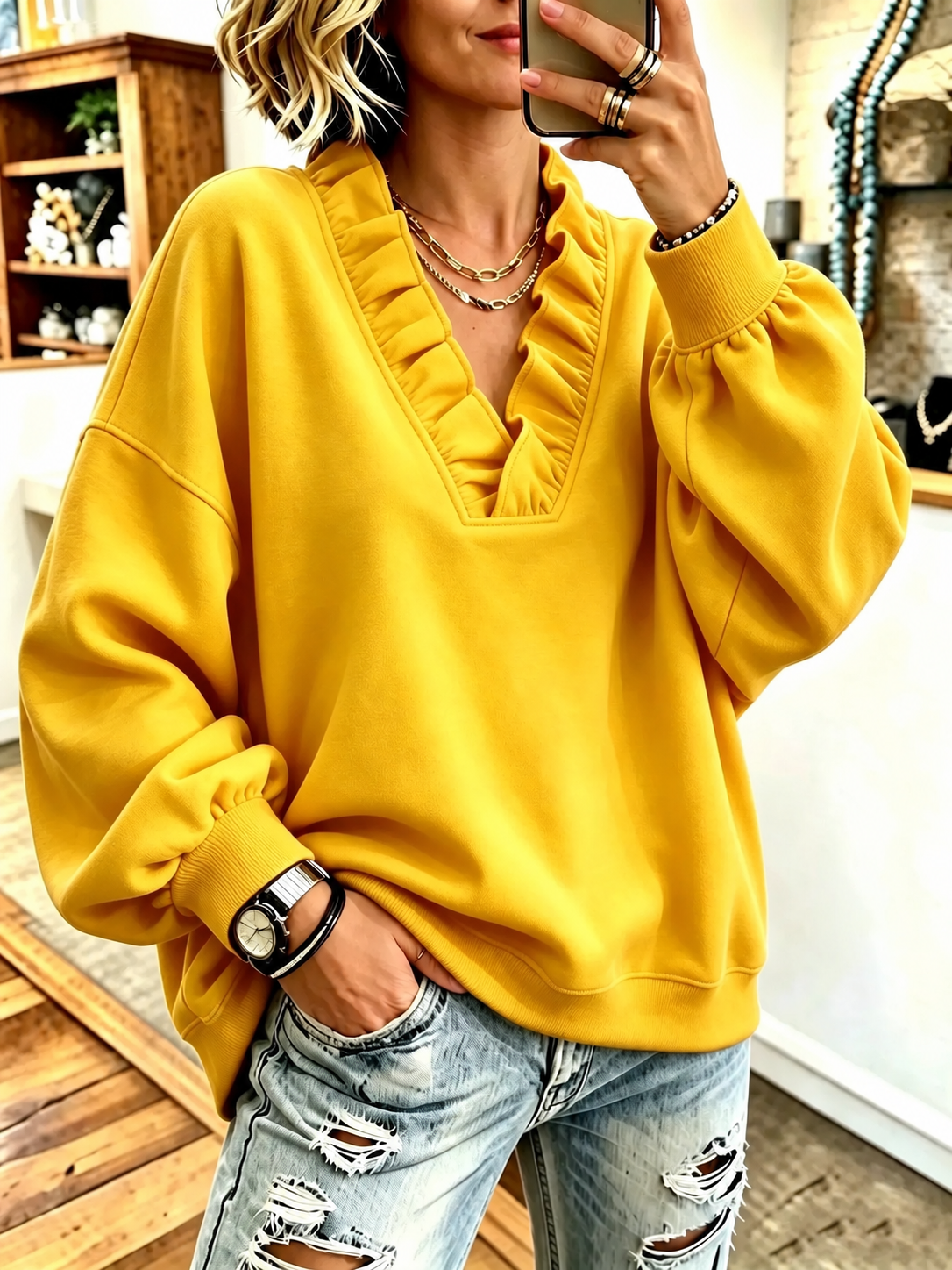 Women'S Cozy Oversized Vibrant Pink Ruffled Sweatshirt
