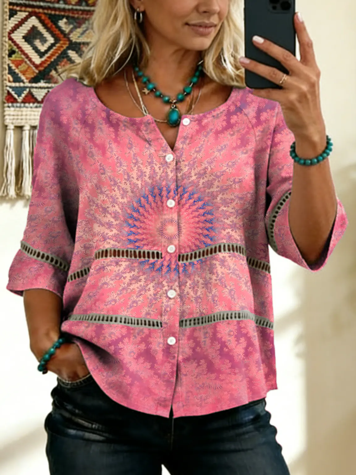 Women's Tie-dye Mandala Pattern Art Print Tie-front Button-up Cotton-linen Blend Short-sleeve Shirt